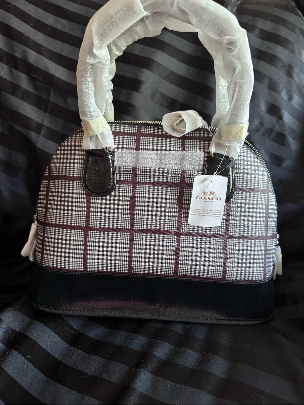 Coach Burgundy Glen CORA Plaid Satchel with Black Accents